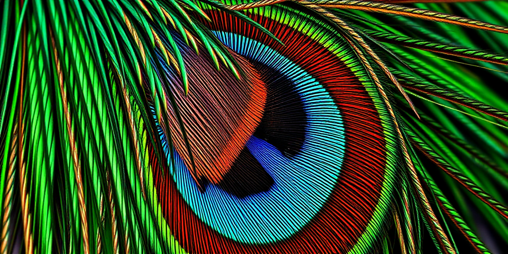 vibrant close-up of peacock feathers showcasing intricate details and iridescent colors, shot with a macro lens at f/2.8, ISO 200, 1/200 sec, natural light, DSLR camera