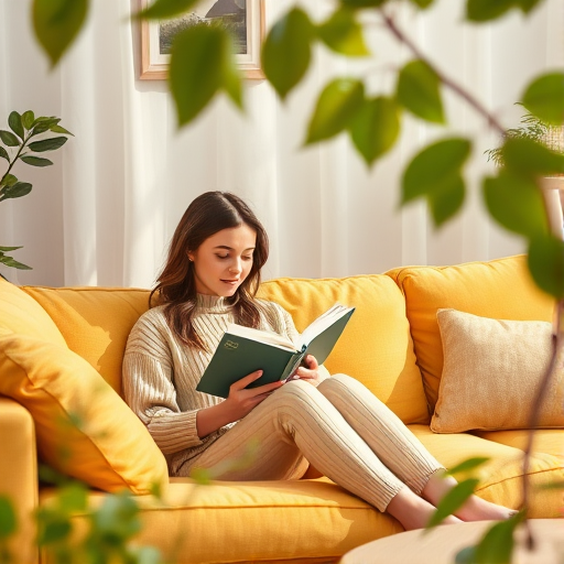 A cozy living room scene featuring a woman reading a book on a light yellow sofa, surrounded by soft green leaves in the background, captured with a Canon EOS R5, 50mm lens, f/1.8 aperture, ISO 100, natural light, soft focus style for a warm, inviting atmosphere.