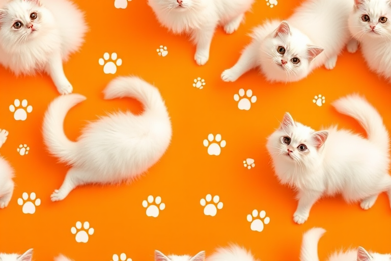 Create a seamless pattern of fluffy white cats on a vibrant orange background with playful paw prints, captured in a wide-angle view using a DSLR camera at f/5.6 aperture, ISO 100, and a focal length of 35mm to enhance clarity and detail.