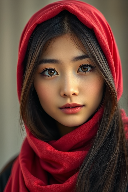 Create a portrait of a young Korean woman with long, dark hair and captivating hazel eyes. She is wearing a red headscarf and a matching scarf draped gracefully around her neck. The background is softly blurred, focusing attention on her serene and natural expression. The overall color palette is muted and warm, enhancing the intimate and authentic feel of the portrait.