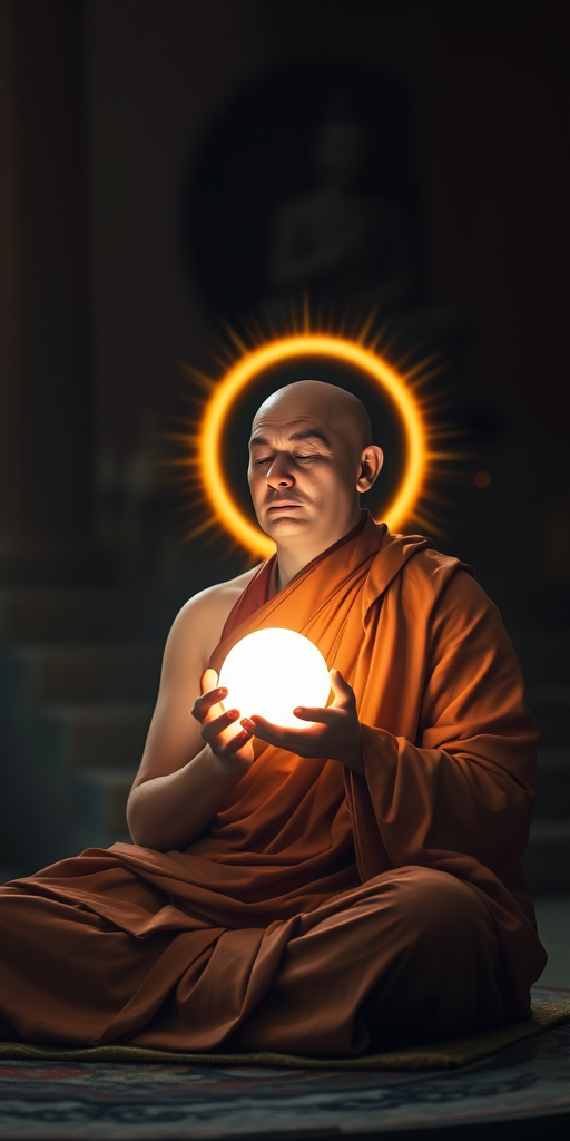 Create an image of a serene monk meditating with a glowing orb in his hands, surrounded by a radiant halo, captured with a Canon EOS R5, 50mm f/1.2 lens, at f/2.8,ISO 200, soft diffused lighting, and a slight bokeh effect in the background for enhanced depth and clarity.
