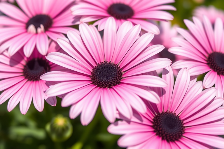 Close-up shot of pink and white daisies with dark centers, captured in bright daylight using a DSLR camera, 50mm lens, f/2.8 aperture, 1/200 sec shutter speed, ISO 100, with a shallow depth of field and soft background blur.