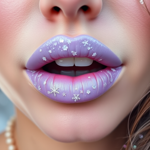 Frosted lavender lips with a pearlescent sheen, reminiscent of winter frost, creating a delicate and ethereal look for a fairy-tale inspired costume