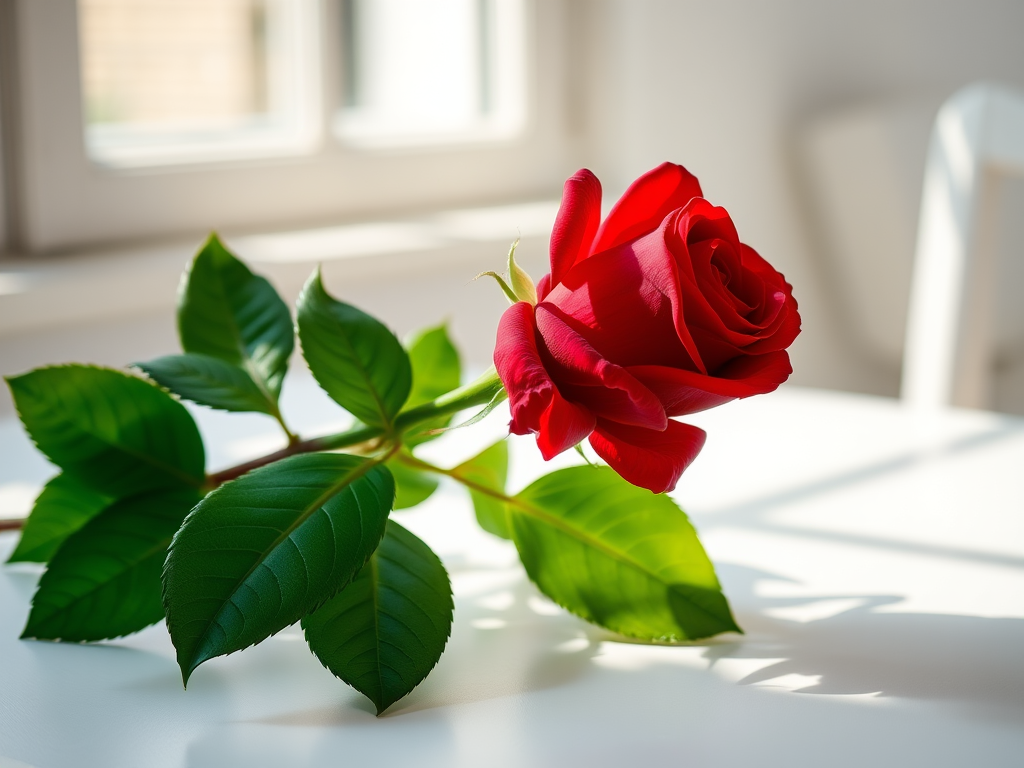 A close-up shot of a vibrant red rose with lush green leaves on a minimalist white table, natural soft lighting from a window creating gentle shadows, using a DSLR camera with a 50mm f/1.8 lens, aperture set to f/2.8, ISO 100, and a shallow depth of field for a delicate bokeh effect.