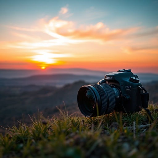 Create a high-resolution image of a serene natural landscape during sunset with vivid colors, using a DSLR camera with a 24mm lens, aperture set to f/8, ISO 200, and a low-angle view to capture the foreground details.