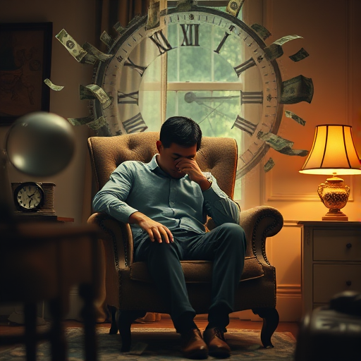 Create a surreal image of a man sitting in a vintage armchair with his head down, surrounded by a vortex of time and money, with soft warm lighting, using a DSLR camera with a 50mm lens at f/1.8, ISO 100, and a shallow depth of field to emphasize the mood.