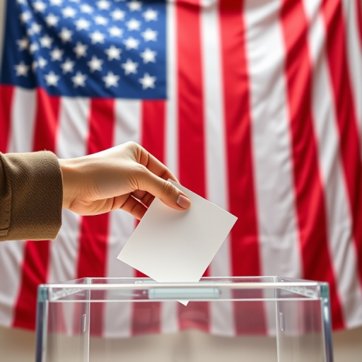 A hand dropping a ballot into a transparent ballot box in front of a large American flag, bright colors, high detail, shot with a DSLR camera at f/8 aperture, ISO 100, 50mm lens, natural lighting, eye-level view.