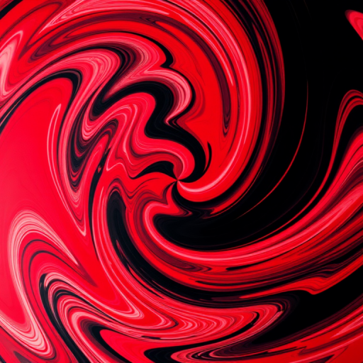 Create an abstract swirl pattern with vibrant red, black, and white colors, using a Canon EOS R6, aperture f/8, ISO 100, 50mm lens, shot from a top-down view to enhance depth and contrast.