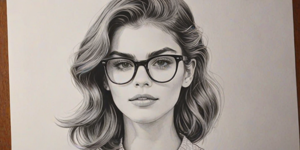 Resplendent Kaia Gerber, pencil sketch, portrait of Beauteous woman 1947s in glasses, hair style beatnik, outline, clear lines, fine lines, 8k