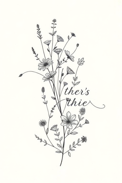 Delicate fine line "Botanical Whisper" tattoo illustration depicting a variety of wildflowers and herbs intertwined with delicate script creating a soft and romantic aesthetic suitable for wrists or ankles