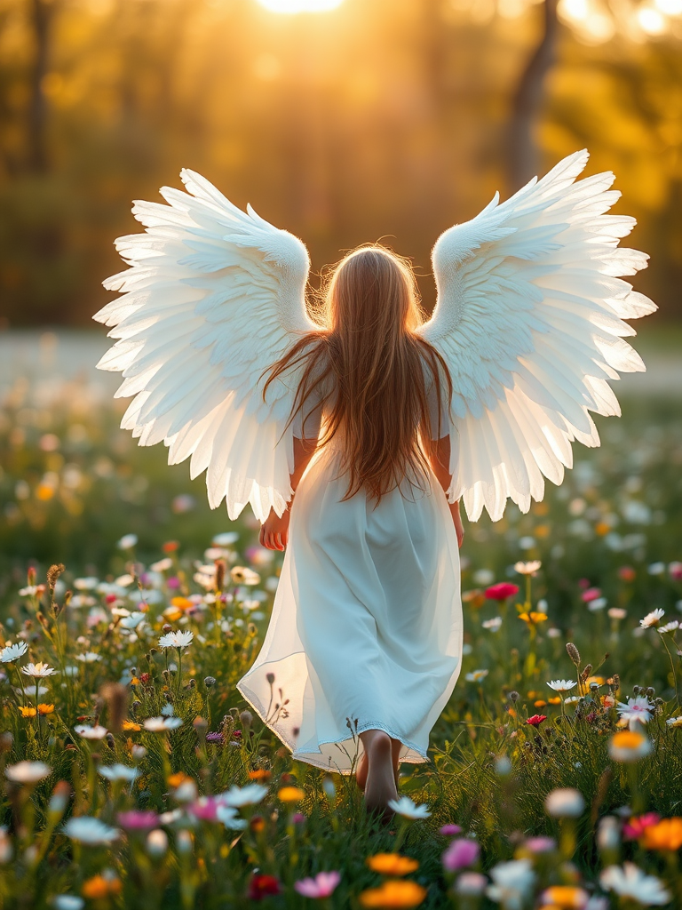 A serene angel with large white wings walking through a sunlit meadow filled with flowers, her long hair flowing in the gentle breeze, captured with a Canon EOS R5, 50mm lens, f/1.8 aperture, ISO 100, soft focus background with warm sunlight filtering through trees.