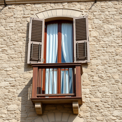 Generate a high-resolution image of an old stone building with wooden shutters, featuring a balcony with sheer curtains, captured with a DSLR camera, 50mm lens, f/8 aperture, 1/200 sec shutter speed, and natural lighting to enhance texture and detail.