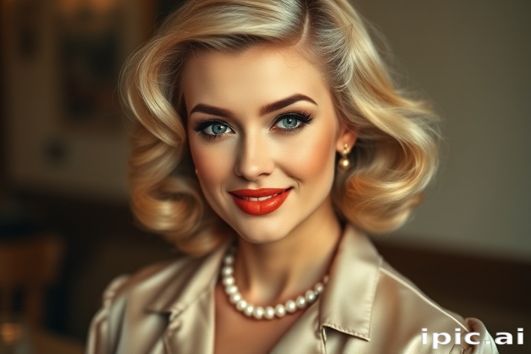 A beautiful woman reminiscent of 1950s Hollywood glamour, with perfectly styled blonde hair and a seductive smile, dressed in a satin blouse and adorned with pearls, soft and warm tones, photorealistic, 8K