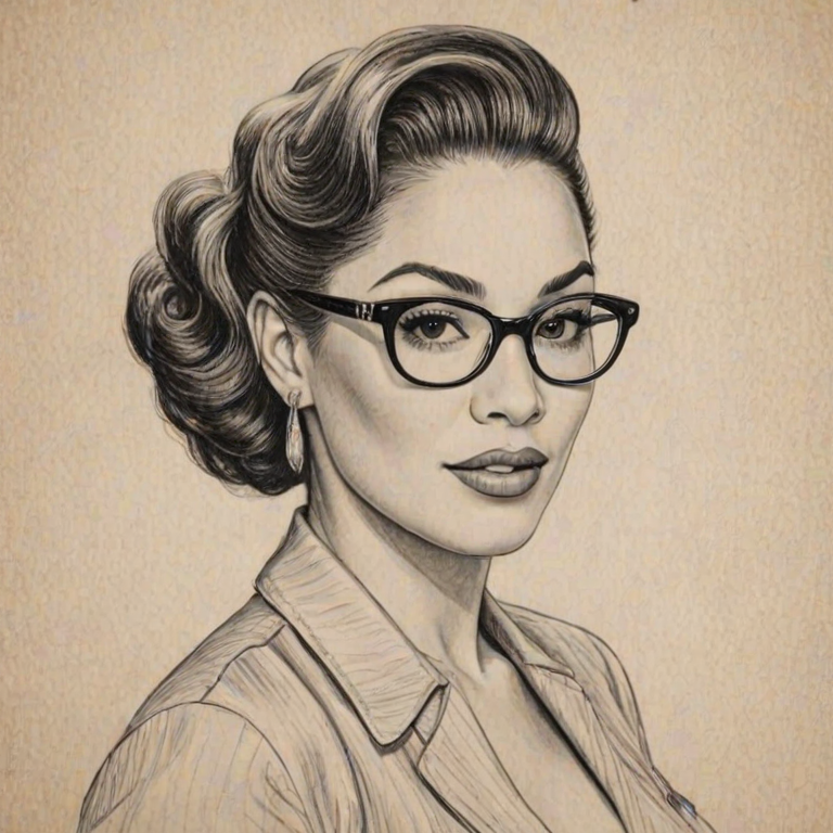 Dazzling Keke Wyatt, pencil sketch, portrait of Sublime woman 1950s in glasses, hair style beatnik, outline, clear lines, fine lines, 8k