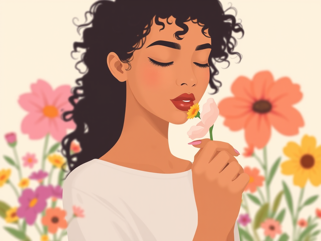 Create a minimalistic illustration of a woman with curly hair gently smelling a flower, surrounded by colorful floral elements, captured in a soft focus style using a DSLR camera at f/2.8, ISO 100, with natural light and a portrait orientation for enhanced vibrancy and detail.