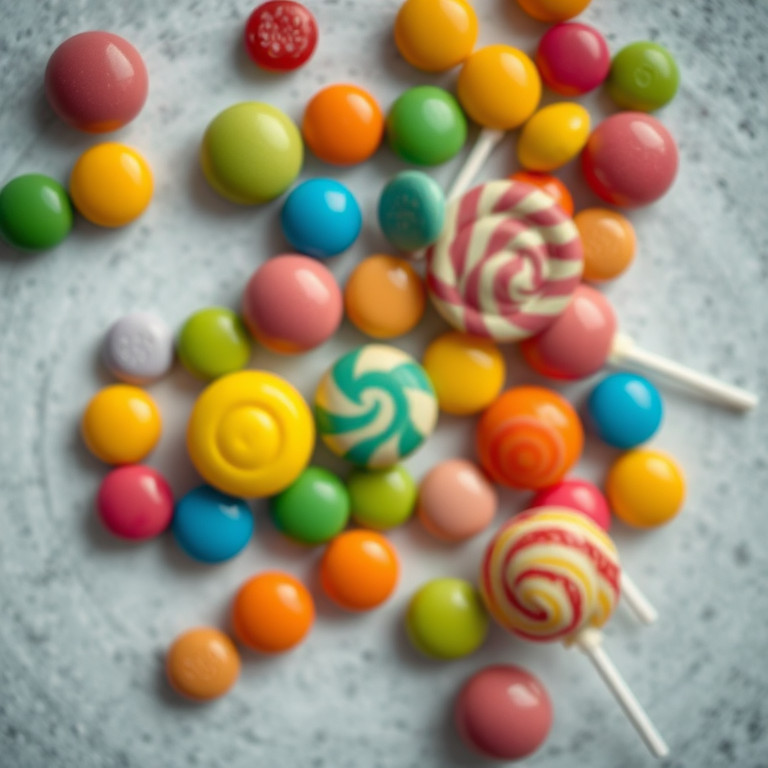 Brightly colored candies and lollipops on a textured surface, high saturation, shallow depth of field, f/2.8 aperture, 50mm lens, ISO 100, natural light, top-down view, DSLR photography.