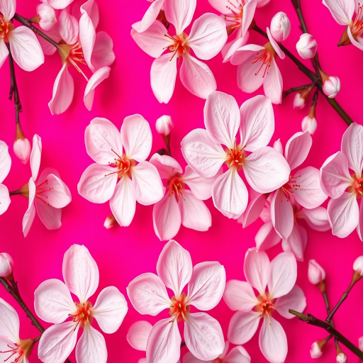 Create a seamless pattern of cherry blossom flowers in various shades of pink and white set against a vibrant pink background, using a Canon EOS 5D Mark IV with a 50mm lens, aperture set to f/8, shutter speed 1/200s, ISO 100, and a top-down view to enhance the clarity and color vibrancy.