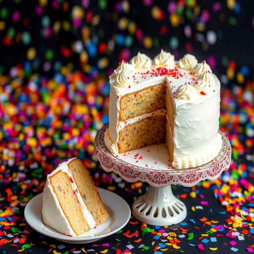 A beautifully frosted white cake on a decorative cake stand with a slice cut out revealing its soft interior and a piece of cake on a plate beside it surrounded by a colorful confetti-like background.