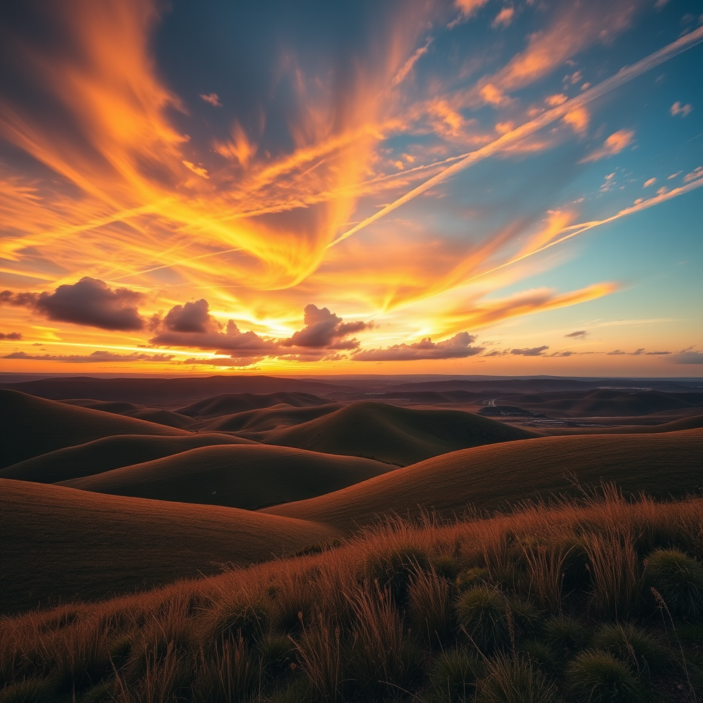 Generate a high-resolution image of a serene landscape featuring rolling hills under a vibrant sunset, captured with a Canon EOS R5 at f/4, 1/125s, ISO 100, using a wide-angle lens at 24mm, with a warm color palette and dynamic clouds in the sky.