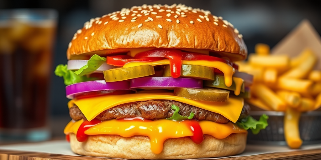 High-resolution, close-up image of a gourmet double cheeseburger. The burger features a glossy, sesame-seed-topped brioche bun. Inside, there are two thick, juicy beef patties, each topped with melted cheddar cheese. The burger is garnished with fresh lettuce, tomato slices, diced onions, and pickles. A generous amount of ketchup and a creamy, orange-colored sauce is dripping down the sides, adding to the mouth-watering appeal. In the background, there are blurred elements including a side of golden French fries and a hint of a beverage, enhancing the overall presentation of a delicious meal.
