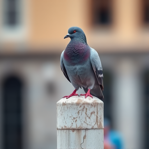 Capture a high-resolution image of a pigeon perched on a weathered post, using a DSLR camera with a 50mm lens, aperture f/1.8, shutter speed 1/500s, ISO 100, taken from eye level with a shallow depth of field to create a blurred background.
