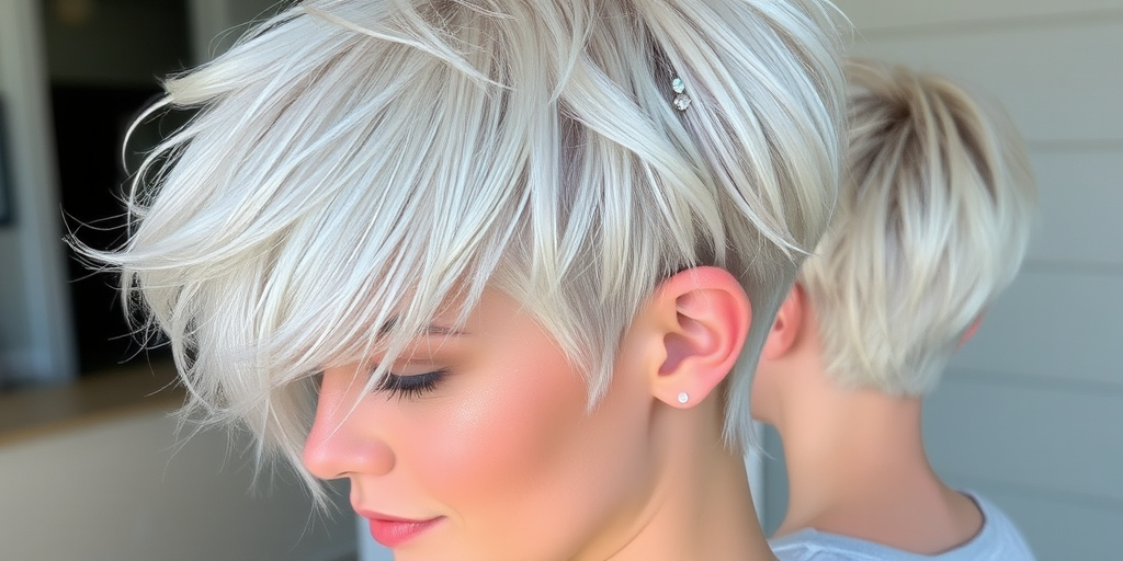 Ethereal platinum blonde pixie cut with delicate silver streaks, created by Celeste Moonbeam, showcasing wispy bangs and textured layers, adorned with iridescent glitter and tiny crystal hair pins