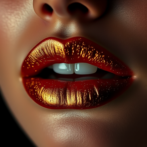 Glamorous gold-flecked lips with a high-shine finish, exuding luxury and opulence, captured in a close-up beauty shot with dramatic chiaroscuro lighting
