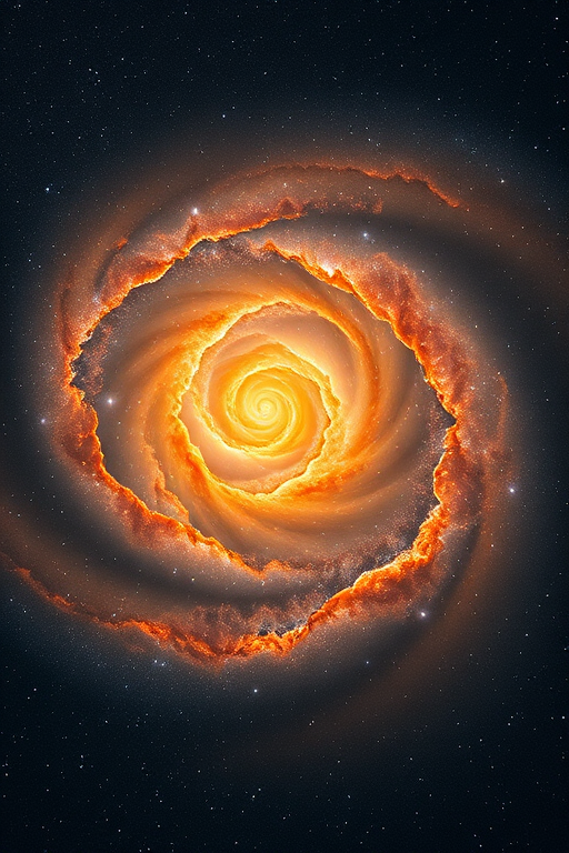 Create a high-resolution image of a cosmic whirlpool galaxy, capturing vibrant orange and golden hues with intricate star formations, using a Canon EOS R5 camera, 24mm lens, f/2.8 aperture, ISO 400, and a long exposure time of 30 seconds for depth and clarity.