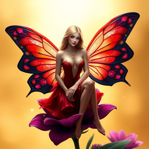 A digital artwork features a winged fairy with delicate Scarlet butterfly wings, adorned with intricate Navy andFuchsia patterns. She is seated on a vibrant Navy flower, wearing a revealing red two-piece outfit with sparkling beadwork. Her fair skin, long blonde hair, and gold jewelry add to her ethereal appearance. The background is a warm, golden gradient, creating a magical atmosphere. Small glowing orbs and sparkles surround the flower, enhancing the enchanting, highly detailed, and realistic scene.