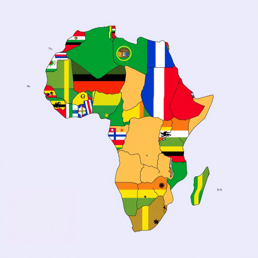 Create a high-resolution map of Africa filled with the flags of each country, using a digital illustration style with vibrant colors, ensuring a clear view from a slight aerial perspective, simulated in a 4K quality with sharp details and bright contrasts, using a Canon EOS 5D Mark IV with a 24-70mm lens at f/8, ISO 100, and a shutter speed of 1/250s.
