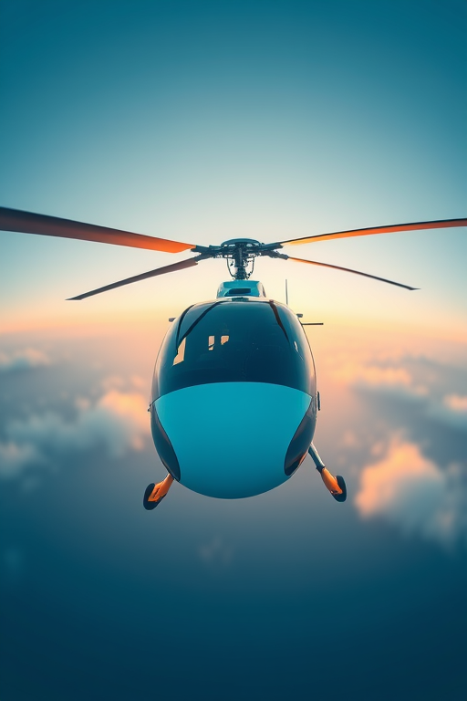Create a high-resolution 3D illustration of a stylized helicopter in a low-poly design, using a DSLR camera with a 50mm lens, aperture f/2.8, ISO 100, and a slight fisheye effect for perspective enhancement.