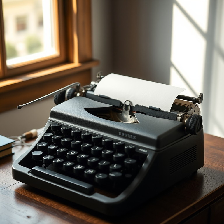 Sharp, detailed image of a vintage typewriter on a wooden desk, soft sunlight streaming through the window, a half-written letter resting in the machine, the smell of ink and old paper lingering in the air, and a sense of nostalgia.