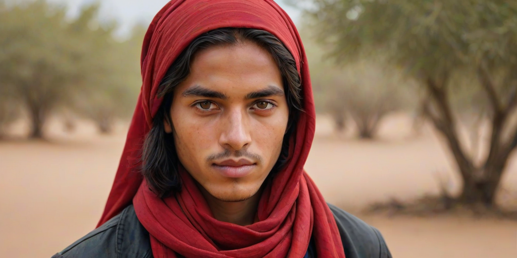 Create a portrait of a young Tuareg male with long, dark hair and captivating hazel eyes. She is wearing a red headscarf and a matching scarf draped gracefully around her neck. The background is softly blurred, focusing attention on her serene and natural expression. The overall color palette is muted and warm, enhancing the intimate and authentic feel of the portrait.