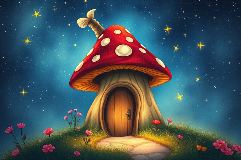 imagine illustration of a mushroom house with a door and a window, a storybook , fantasy art, mushroom house, bg starry sky, sparkles