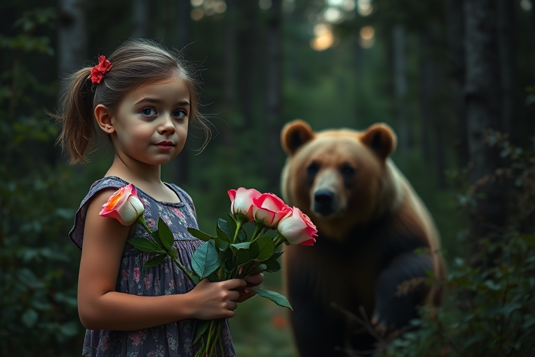 Create an image of a young girl holding a bouquet of roses with a grizzly bear standing beside her in a lush, dimly lit forest, captured with a Canon EOS R5, 50mm f/1.2 lens, aperture f/1.8, ISO 100, at dusk for soft natural lighting and shallow depth of field.