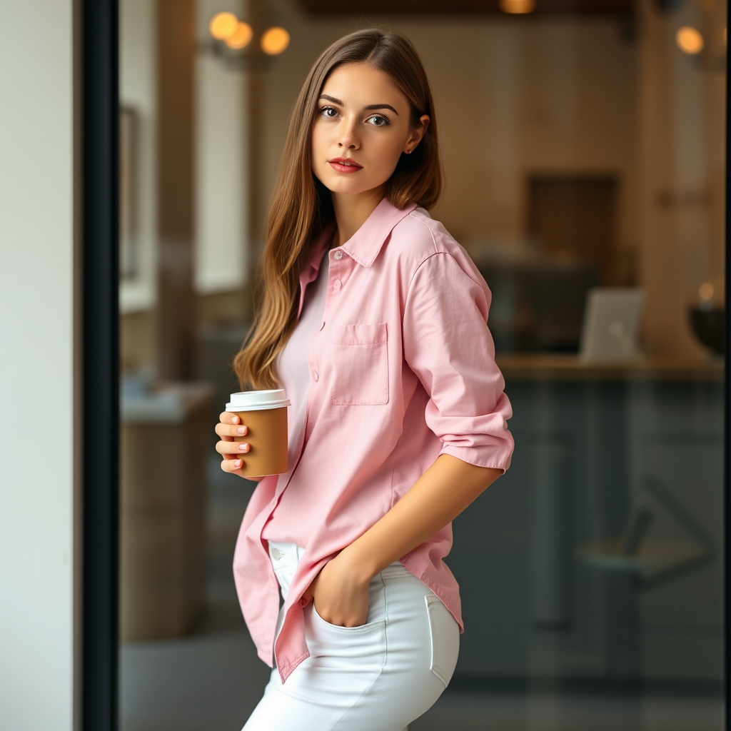 A young woman with long brown hair stands with her back against a glass door, wearing a pink button-down shirt over a white T-shirt and white pants, holding a cup of coffee in her right hand. The woman is looking directly at the viewer, her expression is neutral. Her right hand is tucked into the pocket of her pants while her left hand holds the coffee cup. The lighting is soft and natural, highlighting her features. The background is blurred, with the focus on the woman. The photo is taken from a slightly elevated perspective, showcasing the woman's full figure.