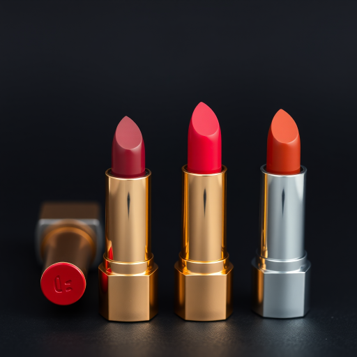 Create a high-resolution image of four lipsticks in a stylish arrangement on a dark background, using a DSLR camera with a 50mm lens, aperture set to f/1.8, ISO 100, and a shallow depth of field to enhance focus on the lipsticks while softly blurring the background.