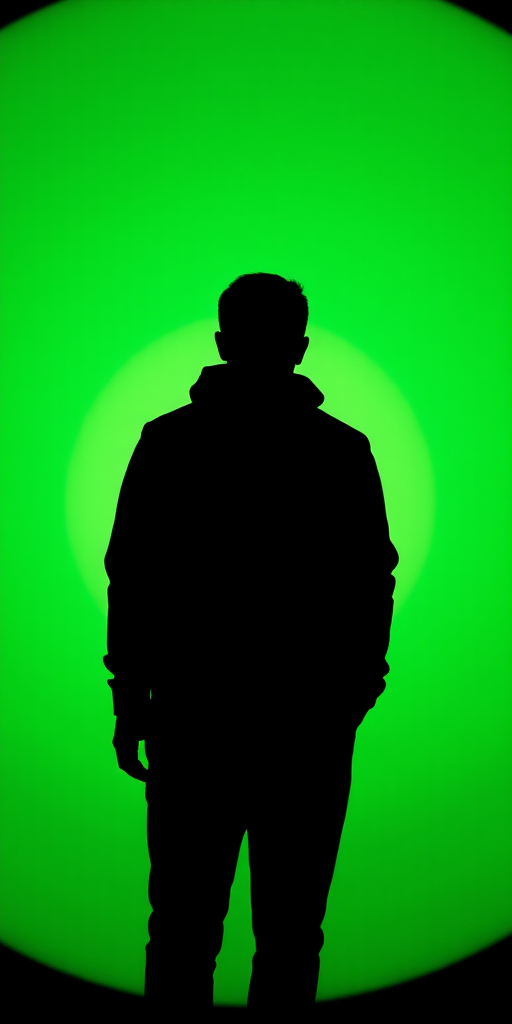 Create an image of a minimalistic silhouette of a person on a solid green circular background using a Canon EOS 5D Mark IV camera with a 50mm f/1.8 lens, aperture set to f/11, shutter speed of 1/200s, and ISO 100 to enhance image clarity and depth.