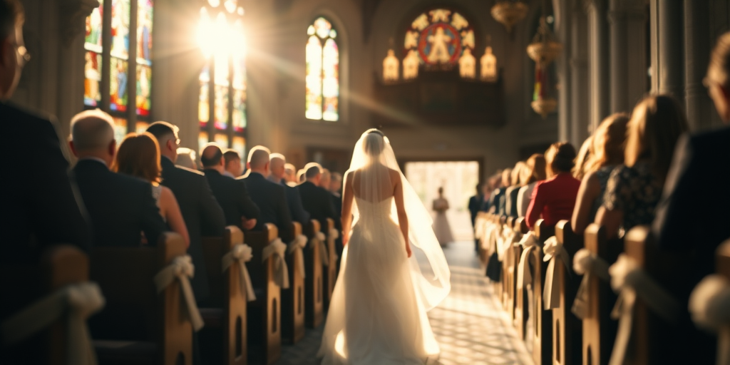 Softly focused photo of a bride walking down a sunlit aisle, soft light filtering through stained glass windows, casting colorful patterns on the floor, with distant guests watching in awe.