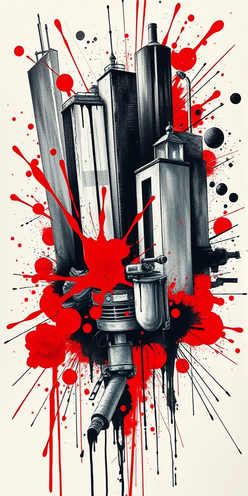 Trash polka style tattoo named "Urban Chaos" combining realistic black and grey elements with abstract splashes of vivid red ink to create a dynamic and edgy composition