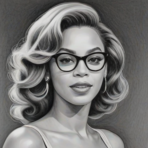 Beauteous Beyonce, pencil sketch, portrait of Wonderful woman 1951s in glasses, hair style beatnik, outline, clear lines, fine lines, 8k