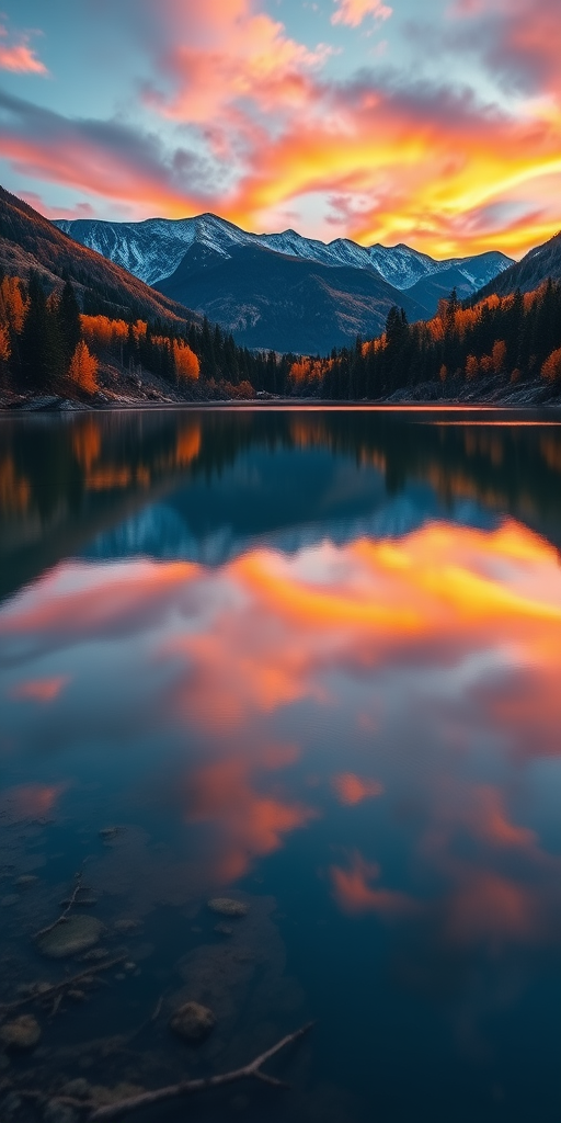 Generate a serene landscape at sunset with a calm lake reflecting the colorful sky, surrounded by vibrant trees and mountains in the background, shot with a DSLR camera, 24mm lens, f/8 aperture, ISO 100, and a shallow depth of field for enhanced detail and clarity.