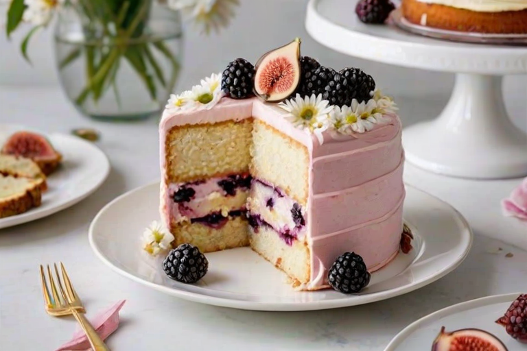 Create an image of a layered cake with three distinct layers, each separated by creamy frosting. The top of the cake is decorated with fresh blackberries, slices of fig, and a white daisy flower. The cake is displayed on a white plate, with soft pink flowers in the background.