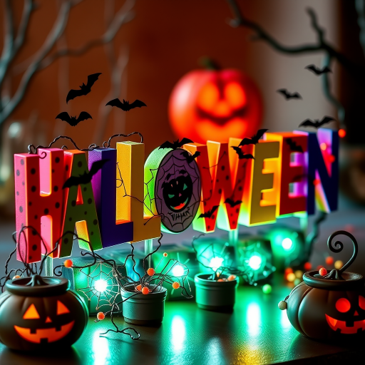 Create a vibrant Halloween-themed illustration featuring colorful letters spelling "HALLOWEEN" adorned with bats and spooky decorations, in high-resolution, shot with a DSLR camera at f/2.8, ISO 100, 50mm lens, natural soft lighting, from a slightly elevated angle to capture depth and detail.