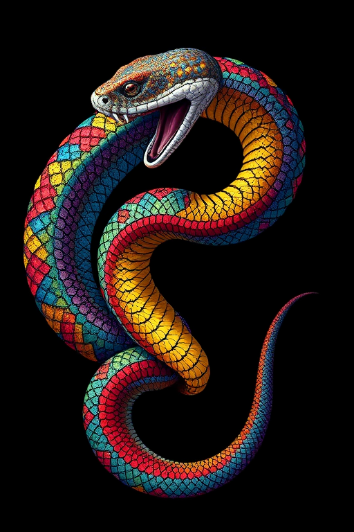 Create a vivid and colorful illustration of an ouroboros snake, with a highly detailed mosaic pattern, set against a solid black background, captured with a Canon EOS R5, 50mm lens, f/1.8 aperture, ISO 100, in a high dynamic range style for enhanced color depth and clarity.