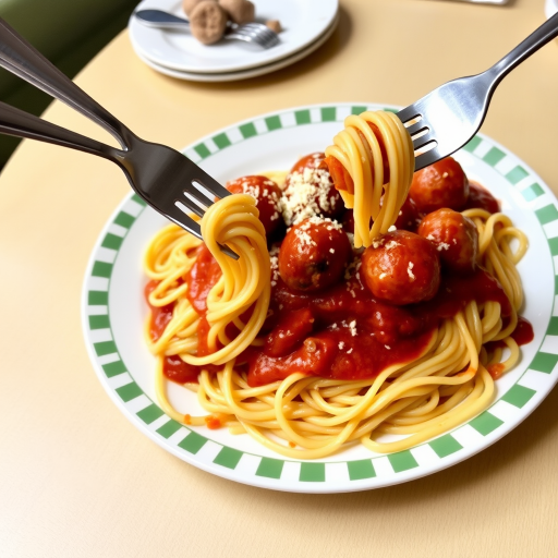 Create an image of a classic spaghetti and meatballs dish served on a plate with a green checkered rim. Show the spaghetti drenched in marinara sauce, topped with several meatballs and a sprinkle of grated cheese. Include a fork twirling some spaghetti from the plate, with a simple table setting in the background.