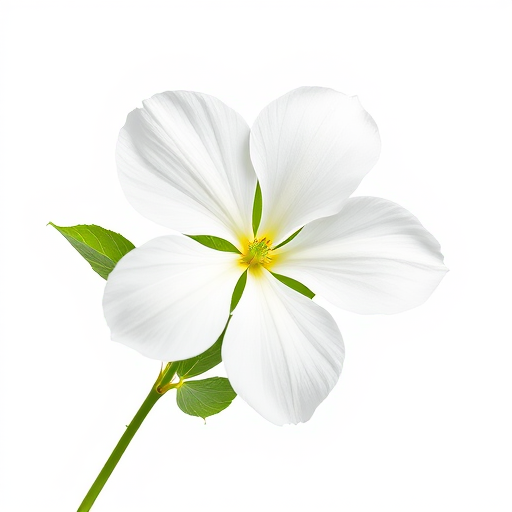 Create a high-resolution botanical illustration of a single white flower with detailed petals and leaves against a plain background, shot with a DSLR camera at f/8 aperture, ISO 100, 50mm lens, in soft natural lighting to enhance detail and texture.