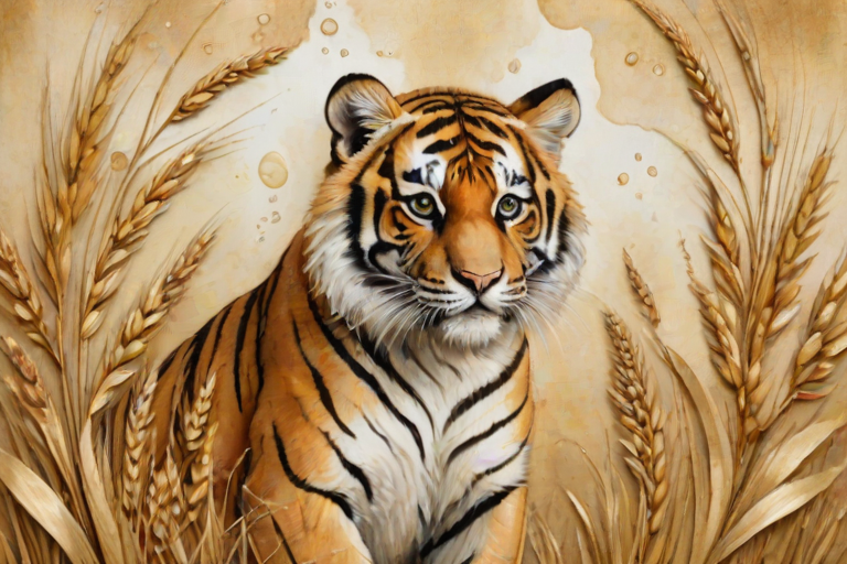 Soft, muted Alcohol Ink with ebru effect background image of tiny whimsical tiger, who climbed high on the top of a golden rye ear.