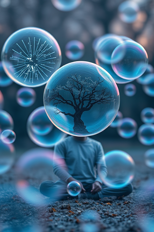 Generate a high-resolution surreal image of a person sitting beside soap bubbles filled with abstract scenes, including a broken glass effect and a tree inside a bubble, shot with a Canon EOS R5 at f/1.8, ISO 100, 50mm lens, using a shallow depth of field for a dreamy effect.