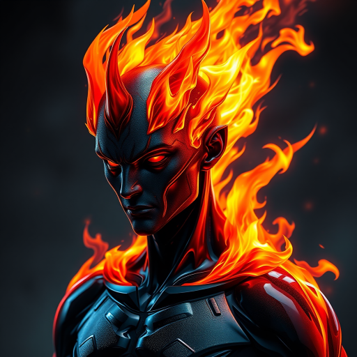 highly detailed illustration of a humanoid figure with dark, glossy skin and flaming elements, fiery orange and red flames emanating from its head and shoulders, dramatic lighting and shadow contrast, shot with a Canon EOS R5, 50mm lens, f/1.8 aperture, ISO 100, soft focus background, vibrant colors and high dynamic range